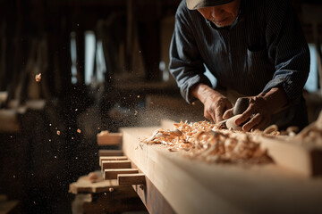 Carpenter working with wood in a workshop