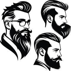 Three bearded Caucasian men profiles exhibit varying hairstyles in black and white monochrome