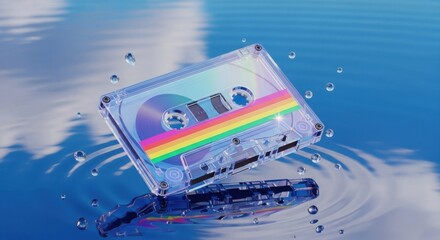 Clear cassette tape with rainbow stripe floats on blue water surface with bubbles.