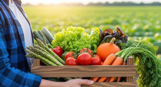 Person holds wooden crate full of fresh farm vegetables and produce. - Powered by Adobe