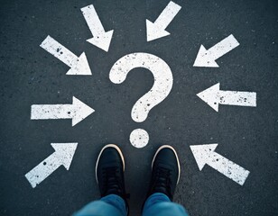 Woman stands on dark asphalt surrounded by numerous directional arrows, large question mark. Image represents uncertainty decision making, complex choices. It suggests confusion, multiple paths ahead.