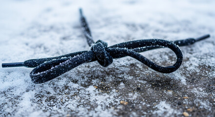 Close-up snowy shoelaces on cold ground with frost and ice