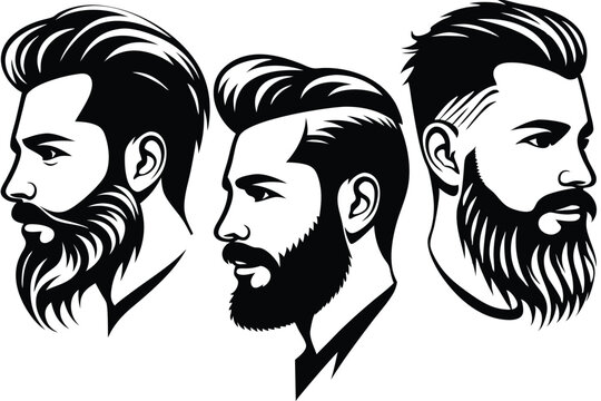 Three bearded men profiles exhibit diverse haircuts in black and white stylized illustration