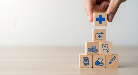 Hand stacking wooden blocks with healthcare and money symbols in pyramid.