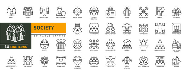 Minimalist Society line icons set with editable stroke, featuring family, crowd, gender equity, diversity, leader, connection, speaker, subbordination, winner, collaboration. thin linear illustration.