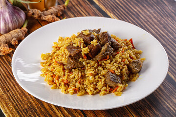 Asian traditional pilaf with beef