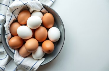 Grey bowl holds various white, brown chicken eggs. Checkered kitchen towel sits under bowl on white table. Image represents fresh farm natural produce, ideal for healthy breakfast, daily cooking.