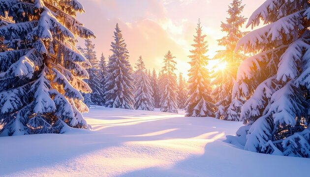 A serene winter forest scene bathed in the warm glow of the setting sun, with snow-laden pine trees casting long shadows across the pristine snow.