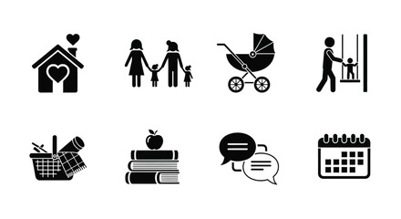 Family life icons depicting home relationships education and daily activities