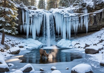Deer drinking at icy pool below frozen waterfall
