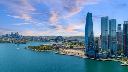 18 November 2025 Panoramic night view of Sydney Harbour and City Skyline of NSW Australia beautiful colourful skies on a beautiful spring day