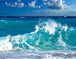 A large turquoise ocean wave crests, crashing towards the shore. The sky is bright blue with scattered white clouds