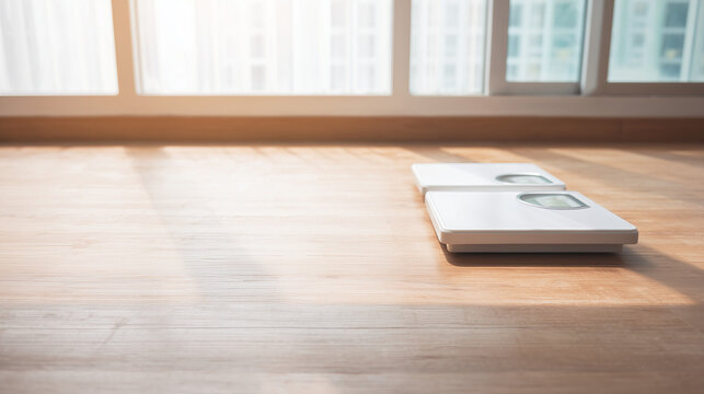 weighing. Weighing scales on a wooden floor, softly lit with a minimalist composition symbolizing health and balance. wellbeing guides.