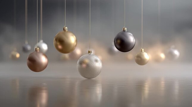 Elegant metallic ornaments gracefully floating in a soft, ethereal fog, illuminated by subtle light, creating a mysterious and luxurious winter holiday ambiance.
