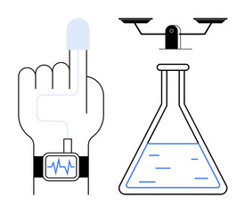 Hand wearing a health monitor checks vitals, a lab flask contains liquid, and balanced scales represent precision. Ideal for healthcare, wellness, technology, science, research, analysis minimal