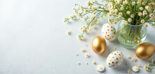 Fototapeta premium Light flat lay arrangement features spring flowers in glass vase alongside golden Easter eggs on white surface. Delicate blooms, decorative eggs create festive springtime scene perfect for holiday