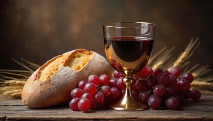 Still life features golden chalice with red wine beside crusty bread and grapes. Wheat stalks frame this symbolic religious feast scene. A solemn occasion for spiritual reflection and nourishment.