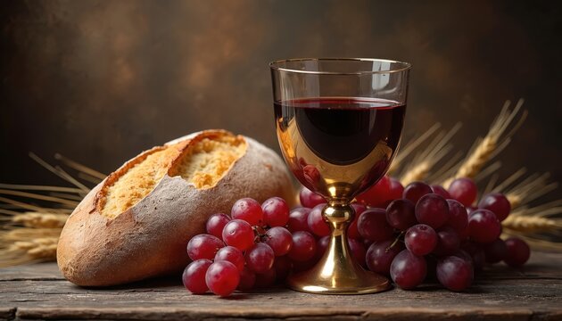 Still life features golden chalice with red wine beside crusty bread and grapes. Wheat stalks frame this symbolic religious feast scene. A solemn occasion for spiritual reflection and nourishment.