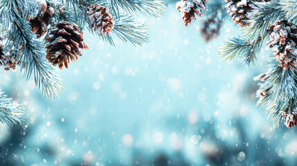 A sweeping view of an enchanting winter wonderland filled with frosty pine branches and cones sets a festive mood perfect for holiday greetings and decorations
