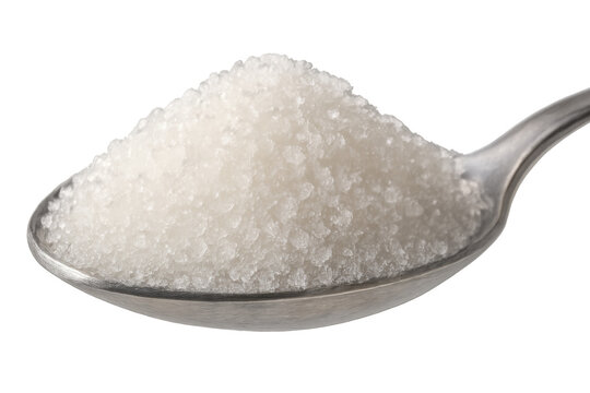 Granulated sugar filling a teaspoon, representing sweetness, cooking ingredients, and unhealthy food choices, on a transparent background