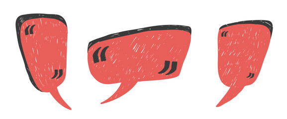 Red quote cloud boxes. Speech bubbles with quotation marks. Hand drawn crayon text boxes frames set. Chalk crayon feedback callout textured shapes. Vector text balloons testimonial isolated no bg.