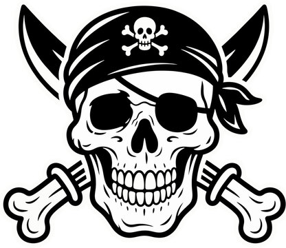 Black and White Pirate Skull with Eyepatch, Bandana, Crossed Bones, and Swords