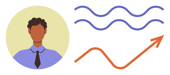 Man in a business shirt and tie alongside upward arrow, wavy lines indicating analysis, success, progress. Ideal for business, personal branding, growth strategy, data analysis, leadership career