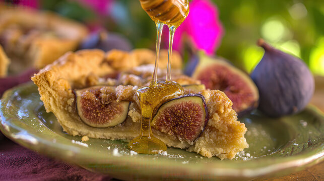 Honey dipper drizzling honey onto a slice of fig pie.