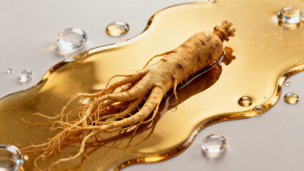Obraz premium Ginseng root in golden liquid