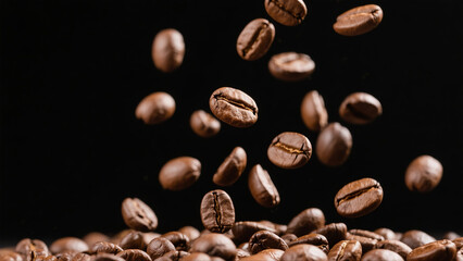 Coffee beans in mid air against black background
