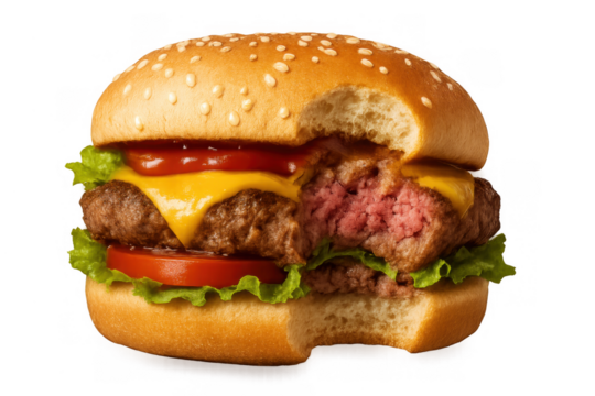 Cheeseburger showing a bite, revealing the juicy ground beef patty and interior layers, with transparent background