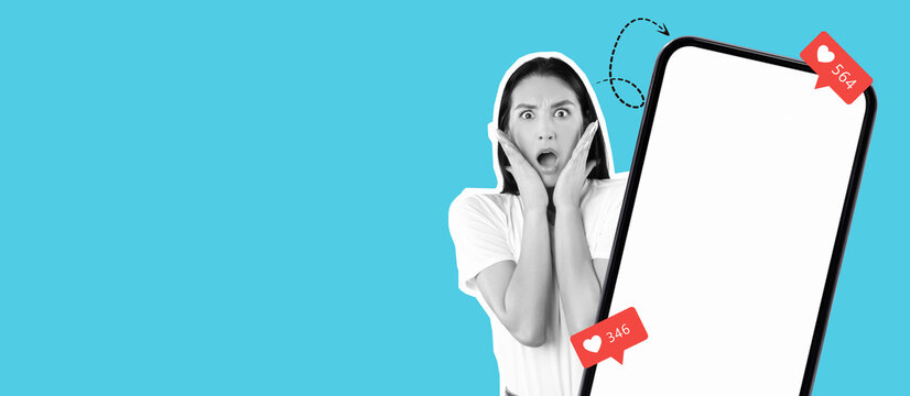 A collection of images featuring a person expressing shock while looking at mobile phone notifications.