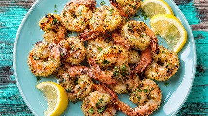 Cooked shrimp with lemon slices and herbs on blue plate.