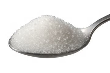 Spoon holding white granulated sugar, showing sweet ingredient for food and drinks on transparent background