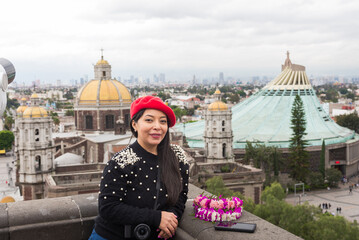 Authentic Serene Woman Wearing Beret with Basilica of Guadalupe in Background