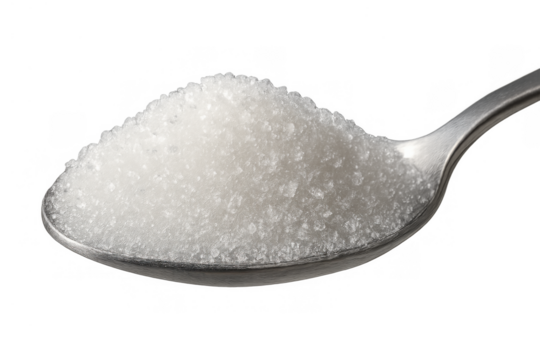 Spoon holding white granulated sugar, showing sweet ingredient for food and drinks on transparent background