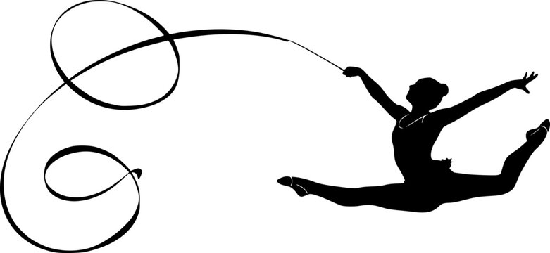 Black silhouette of a rhythmic gymnast in mid-air performing a split leap with pointed toes