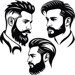 Three bearded men with diverse stylish haircuts in striking black and white contrast