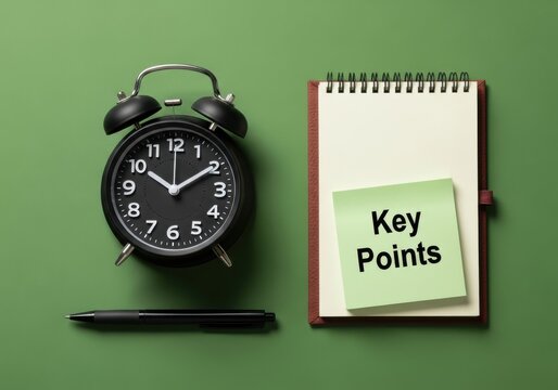 Time management key points and planning with clock and notepad concept