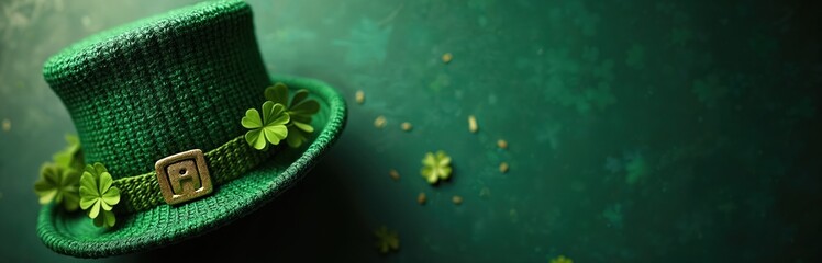 Textured green leprechaun hat, adorned with shamrocks, golden buckle, rests on dark emerald background. St Patricks Day, Irish culture, brings good fortune celebration. Festive springtime holiday