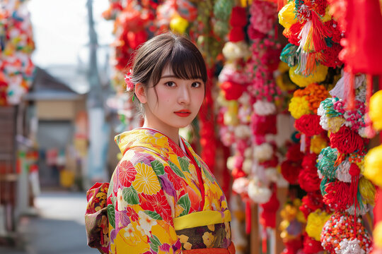Young woman in colorful kimono