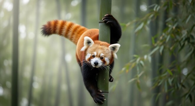 Adorable Red Panda Climbing Bamboo Forest Tree