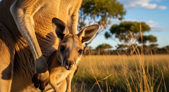 Adorable Kangaroo Joey Peeking Out of Mother's Pouch in Golden Hour Light - Powered by Adobe