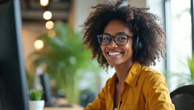 Smiling woman with headset and glasses works at computer in bright office. She has curly hair and wears a yellow shirt. Pleasant customer service interaction.