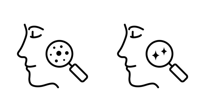 Face with magnifying glass icon, editable stroke. Problem skin and dermatology examination: acne and glossy skin. Before and after beauty treatment