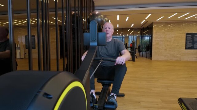 Elderly Caucasian Man Exercising On A Rowing Machine For Health And Wellness In A Indoor Gym.