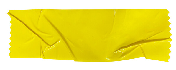Crumpled torn pieces of yellow wrinkled packing tape, adhesive sealing tape, sticky torn plastic on transparent background