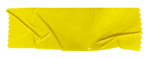 Crumpled torn pieces of yellow wrinkled packing tape, adhesive sealing tape, sticky torn plastic on transparent background