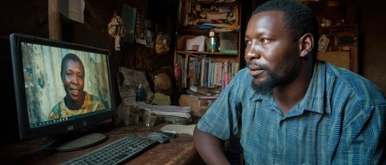 Man Using Computer for Video Communication in a Modest Home Workspace