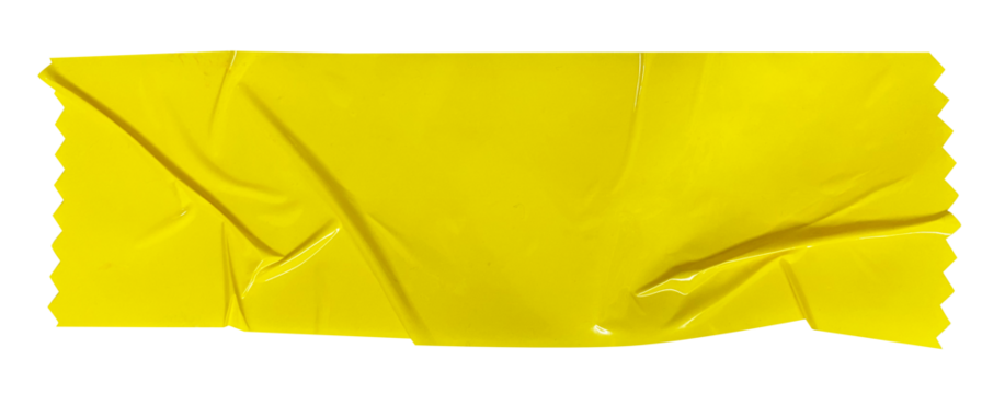 Crumpled torn pieces of yellow wrinkled packing tape, adhesive sealing tape, sticky torn plastic on transparent background